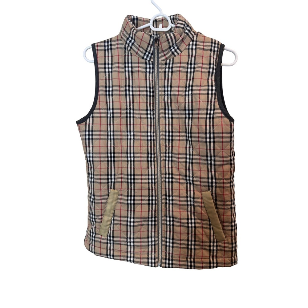 Pink Lily Vest Womens Small Beige Plaid Quilted Full Zip Collared Lined‎ Twill